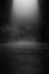 A dark black and white space with an empty floor, foggy in a cinematic and minimalist style