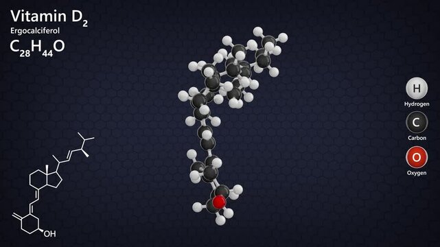 Ergocalciferol or Vitamin D2. Animated 3d model of molecule. Molecular formula: C28H44O. Chemical model: Ball and Stick. Dark background. 3d rendering. Seamless loop