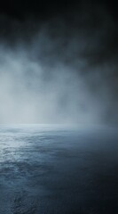 A dark black and white space with an empty floor, foggy in a cinematic and minimalist style