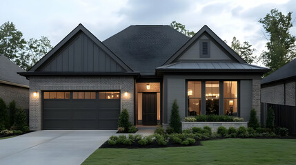 Modern home exterior with landscaped yard and garage.