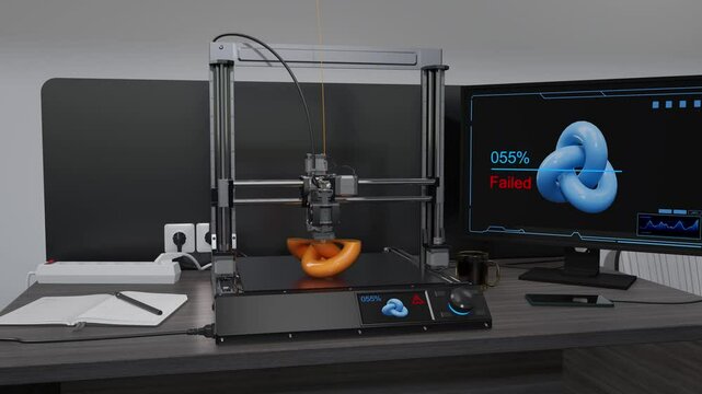 The 3D printer is failed, there is not enough material to create an object: a torus knot. Close up. 3D render. Time lapse.