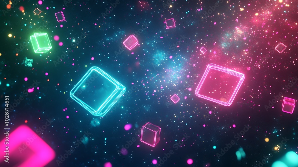 Poster abstract neon squares and glowing particles on a dark background.