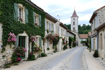 Obraz premium French village street, untouched by time. Cobblestone paths wind between historic homes with their shuttered windows.