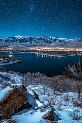 A city in Utah, overlooking the lake and mountains at night, with snow on the ground