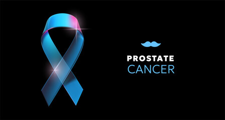 Vector 3d illustration of prostate cancer blue realistic ribbon with loop. Symbol of prostate cancer awareness. Template design of shine ribbon with word for awareness month campaign background