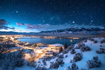 Obraz premium A city in Utah, overlooking the lake and mountains at night, with snow on the ground