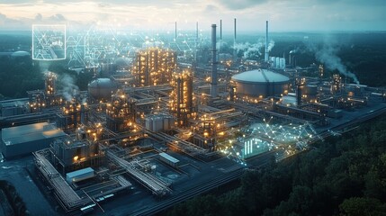 Naklejka premium An aerial view of a sophisticated industrial area paired with graphics of a communication 