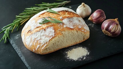 Whole rustic bread with flour on top, isolated on a slate board with decorative roasted garlic and rosemary sprigs