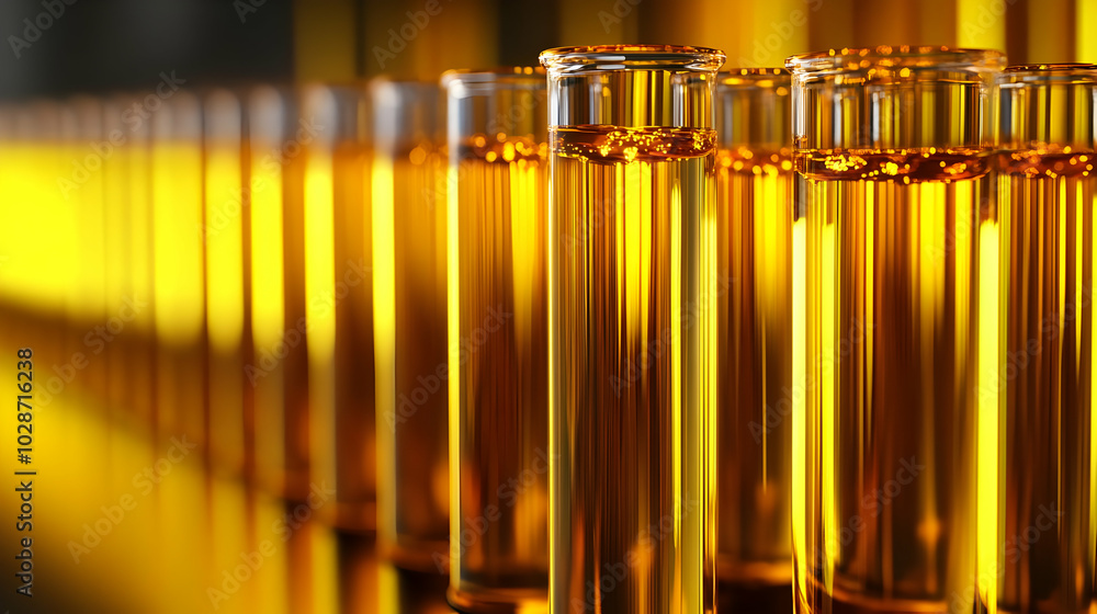 Poster a row of test tubes filled with a golden liquid in a lab setting.