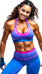 Obraz premium Athletic woman showcasing fitness in colorful workout gear in a studio