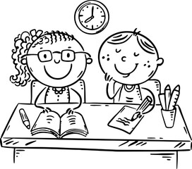 School children at desk doing homework together. Cartoon two kids communication and common activity, outline clipart