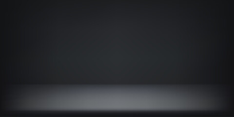 Empty black studio background. Dark studio background. Abstract studio room platform design. Space for selling products on the website. Vector illustration.