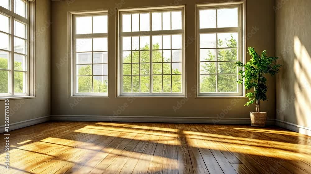 Poster sunlight streams through large windows in a bright, empty room with hardwood floors