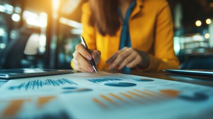 Obraz premium A business analyst using real-time data reporting tools, focusing on financial charts and metrics