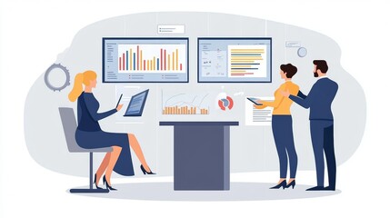 Vector illustration of office people: Managing digital campaigns and analyzing key market trends