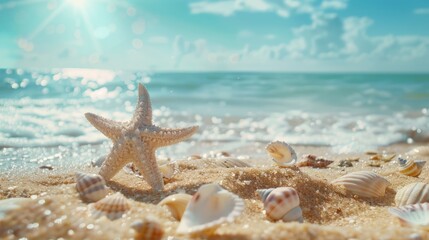 Seashells and Starfish on Sandy Beach with Ocean in Background