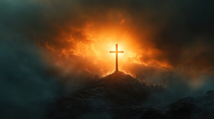 Obraz premium The cross of God in the rays of the sun. Cross on the hill