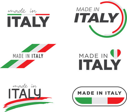 Set of 6 vector set of Made in Italy round label, badge, bundle, symbol illustration design. Made in italy logo design.	