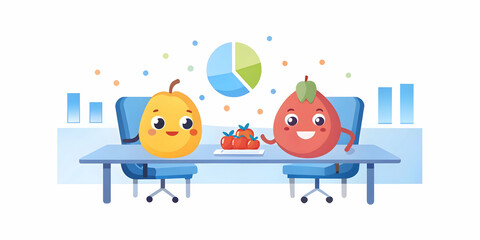 Fototapeta premium Financial Fruits Team Meeting: Two Cheerful Cartoon Fruits Discuss Financial Charts at a Modern Conference Table with Soft Abstract Background