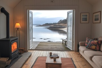 Coastal house, cottage by the sea. swedish beach, living room with  soft colors, log burner, french doors, cozy interior.