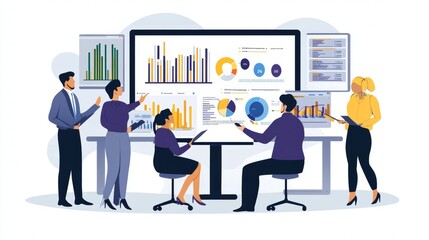 Fototapeta premium Vector illustration of office people: Collaborating on innovative marketing and managing content workflows 