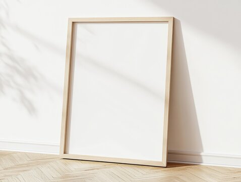 A wooden picture frame leaning against a white wall, casting shadows.