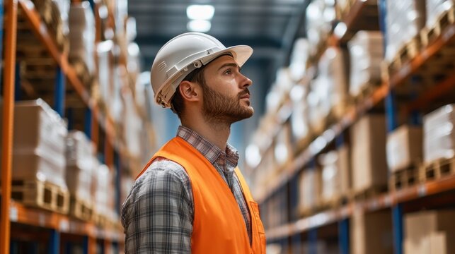 A warehouse supervisor using a smart logistics software interface, interacting with AR visuals for real-time updates