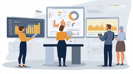 Fototapeta premium Vector illustration of office people: Creating strategic content with a focus on business analytics