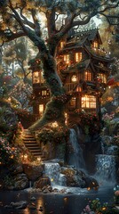 Enchanted Treehouse by a Waterfall - Magical Fantasy Landscape