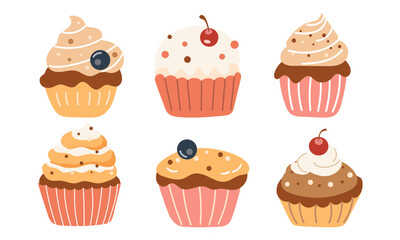 Set of cute cupcakes icon  isolated on white background. Sweet yummy cupcake, creamy cake, muffin collection vector ilustration. 