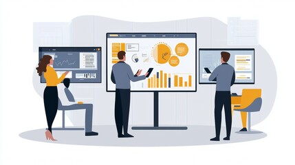 Vector illustration of office people: Integrating digital marketing with creative content strategies