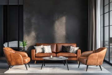 Sleek modern living room with brown leather furniture, dark walls, and natural lighting.