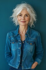 Confident senior woman with a youthful smile standing in denim outfit on cheerful blue background, Generative AI