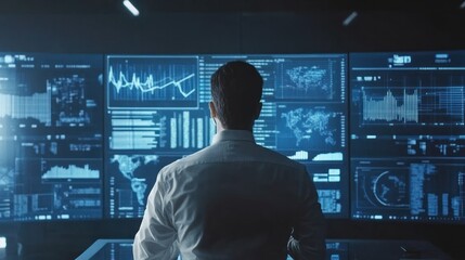 AI-powered data management system, analyst using predictive insights, futuristic digital interface