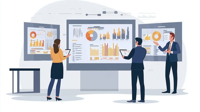 Vector illustration of office people: Building collaborative content strategies and analyzing business growth
