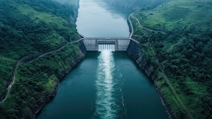 Aerial view of a dam releasing water into a river, surrounded by lush green hills and mist, showcasing natural beauty and engineering.
