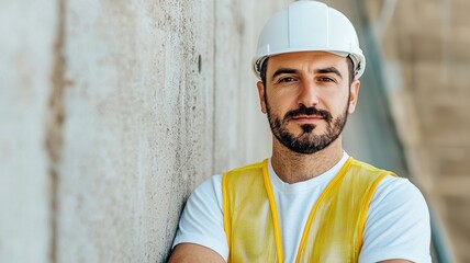 A construction worker in a hard hat and safety vest poses confidently against a concrete wall.