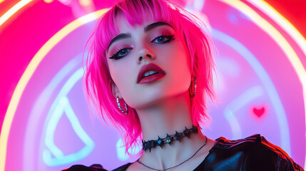 A bold, artistic portrait of a non-binary person with bright pink hair styled in a punk-inspired look, set against a futuristic backdrop illuminated by rainbow lights and pride sym