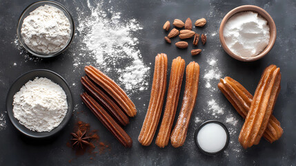 Fototapeta premium Churros Ingredients A flat lay image featuring the ingredients used to make churros, such as flour, sugar, and cinnamon