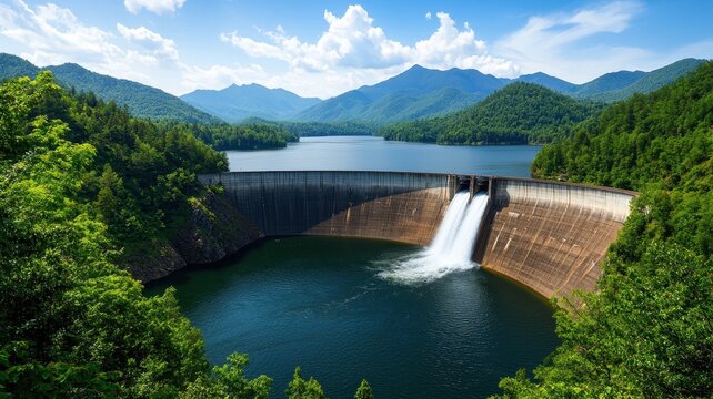 A serene landscape featuring a dam with cascading water, surrounded by lush greenery and mountains under a bright blue sky.