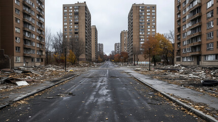 Obraz premium A street-level view where luxury condos with doormen stand side by side with crumbling low-income housing, their windows boarded up and streets littered with debris, symbolizing so