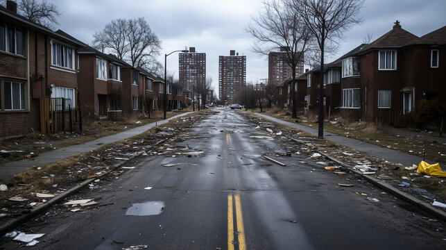 A street-level view where luxury condos with doormen stand side by side with crumbling low-income housing, their windows boarded up and streets littered with debris, symbolizing so