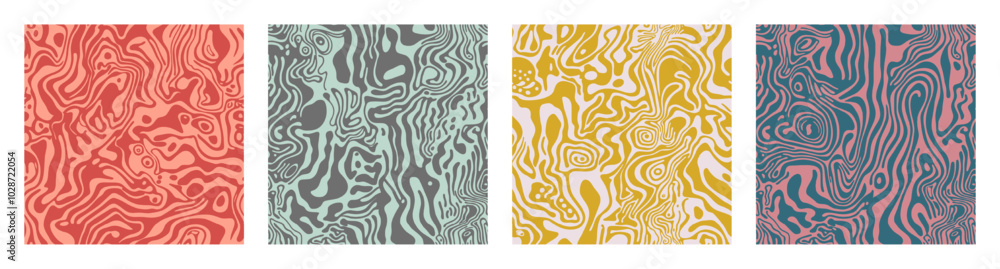 Poster psychedelic wavy seamless patterns set vector retro styled abstract background. crazy funky groovy e