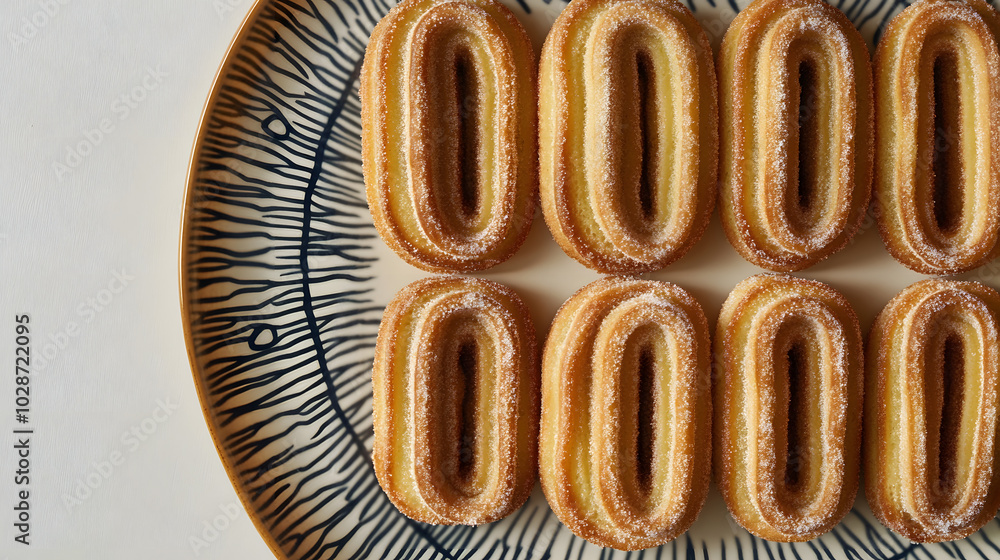Poster churros arranged in a pattern on a plate, creating a visually appealing design
