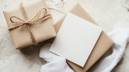 Blank card lying on gift boxes with twine on white table