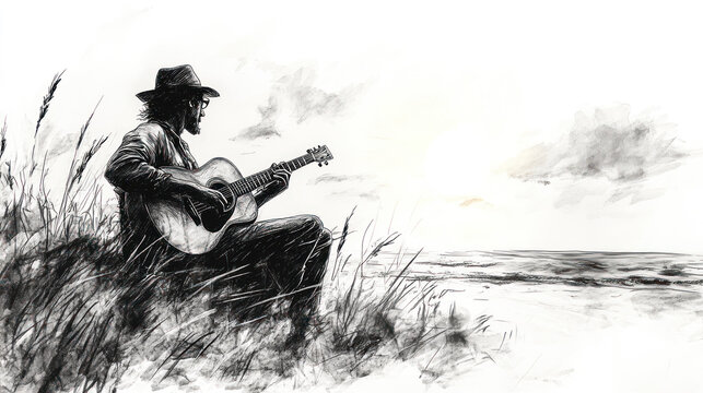 Pencil sketch outline of a musician man playing guitar at the beach