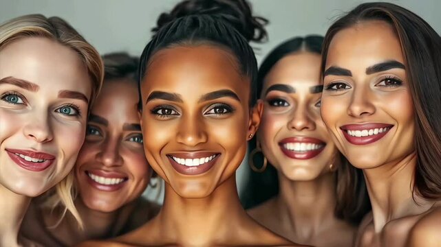 A diverse group of beautiful, happy women showcasing natural cosmetics and glowing facial skincare