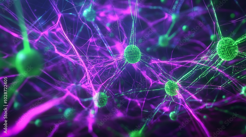 Aufkleber Abstract representation of a neural network with glowing purple and green nodes connected by thin lines.