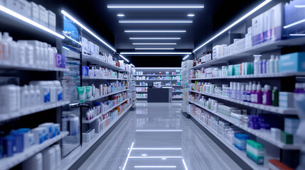 A visually appealing pharmacy aisle lined with various medicine packages, creams, and wellness products, catering to customers&acirc; diverse healthcare requirements in a clean, organize