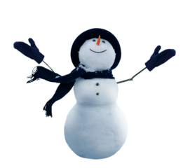 Cute snowman in a black top hat and scarf